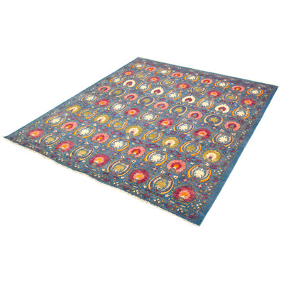 Tapis décoratif bleu en laine de conception unique 11 pi 9 po x 14 pi 1 po noué à la main New Age