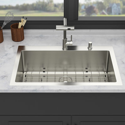 33 X 22 10 Inch Kitchen Sink In 16 Gauge T304 Stainless Steel, Comes With Pull - Out Faucet, Soap Dispenser, Bottom Grid And X Shaped Water Guide Steel Single Bowl Drop Three Mode Guide, Sound