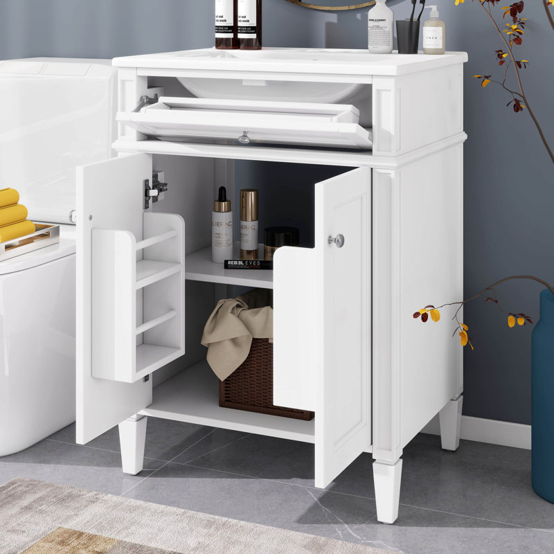 Meuble-lavabo de salle de bain 24 po avec lavabo, armoire de rangement moderne avec 2 portes à fermeture douce et un tiroir basculant, structure en bois massif
