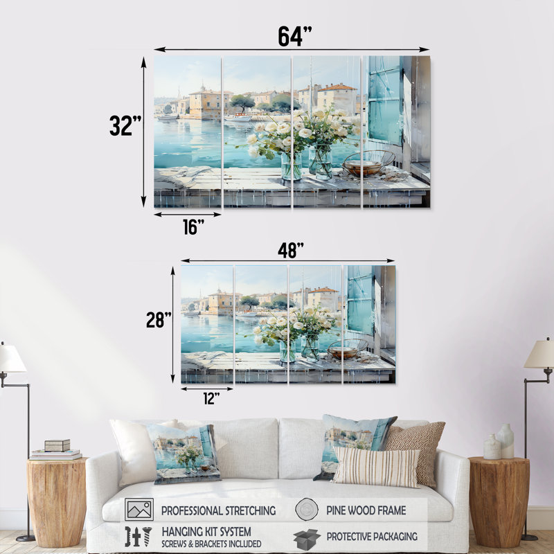 «Blue Window Beachfront View Blooms II - Coastal Window», art mural 4 pièces, H 28 po x l 48 po