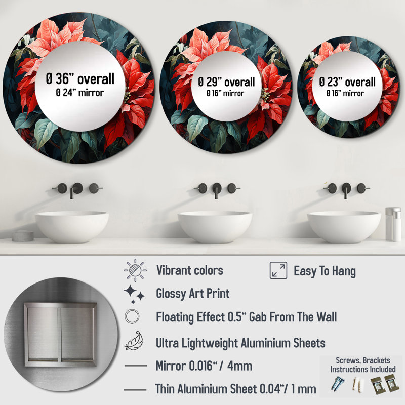 «Seryniti Red Black Poinsettia Flower Fusion - Miroir décoratif poinsettias, miroir mural rond traditionnel, impression d'art en métal