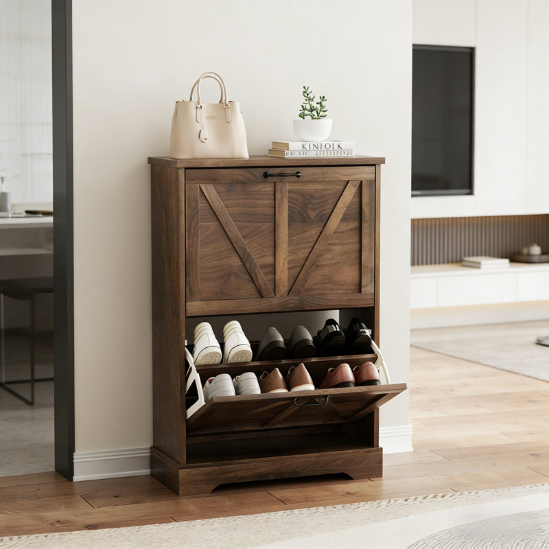 Rustic Narrow Shoe Cabinet With 2 Flip-Down Drawers, Walnut