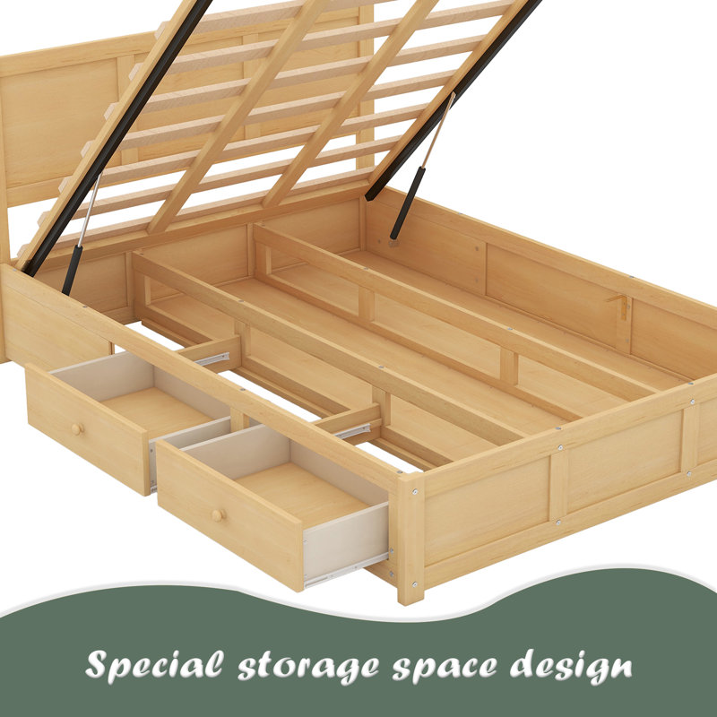 Lit plateforme en bois avec rangement inférieur et 2 tiroirs, Lit double