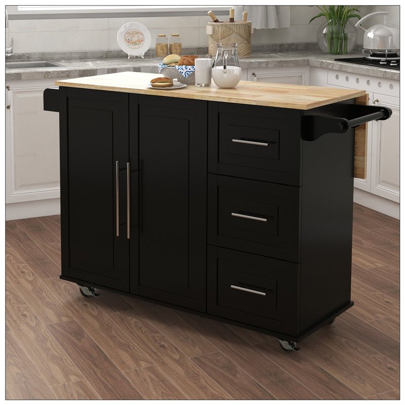 Îlot de cuisine polyvalent avec porte-épices et porte-serviettes, plateau de table extensible en bois massif noir, idéal pour les cuisines modernes