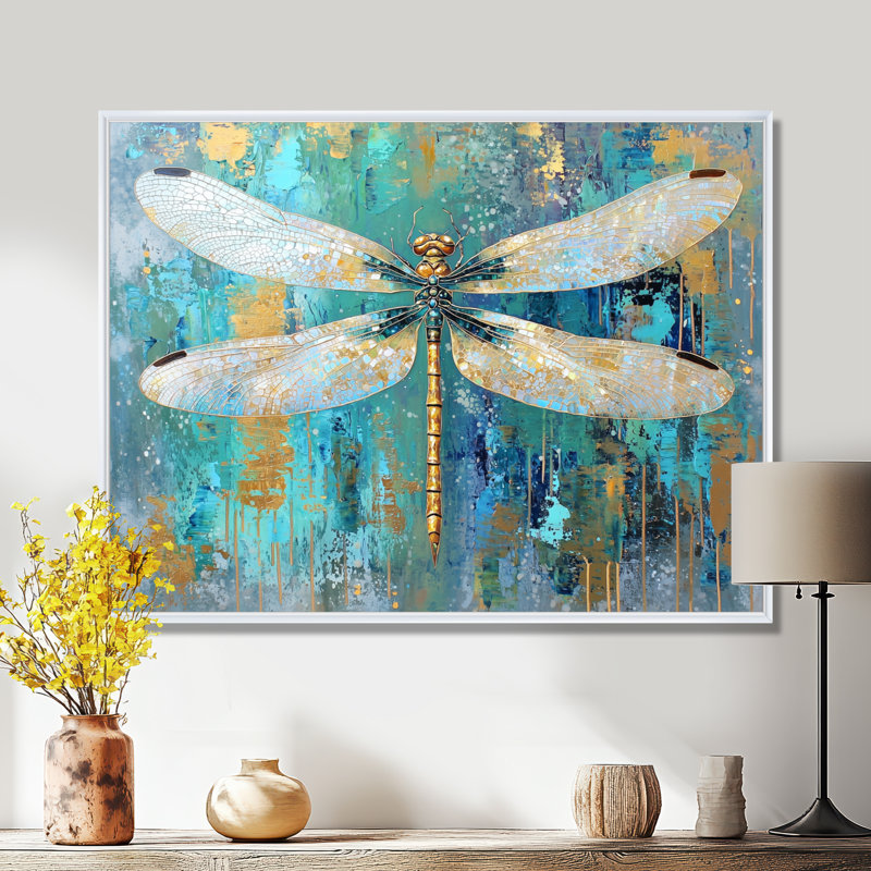 «Emerald Dragonfly Iridescent Wings III», reproduction sur toile, H 30 po x l 40 po, Blanc