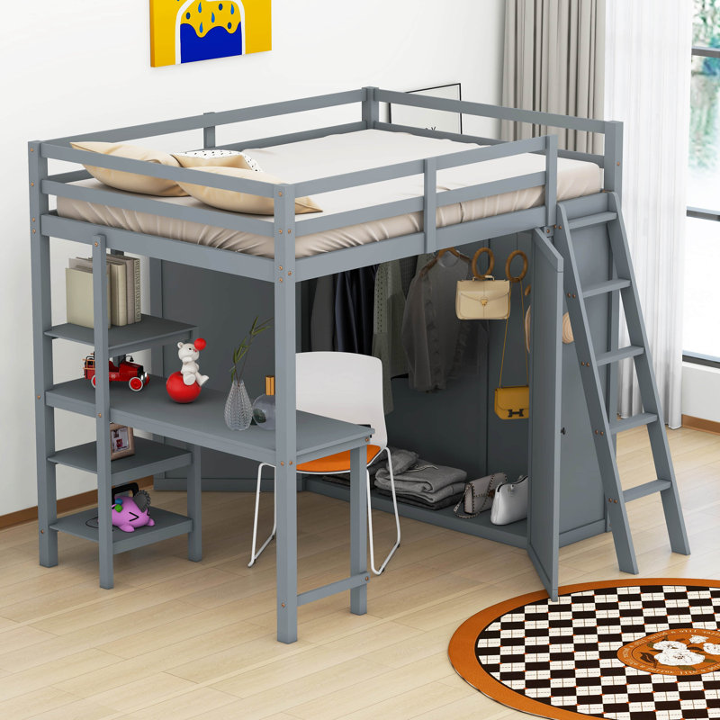 Lit mezzanine avec penderie et bureau Hayah, Double, gris