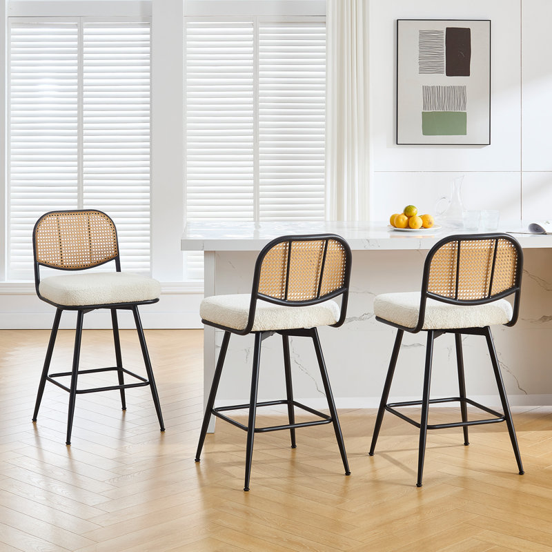 Upholstered Swivel Counter Stool With Rattan Backrest, Counter Stool (26” Seat Height), White