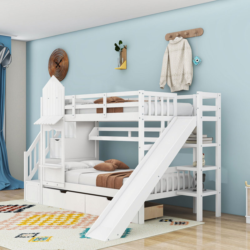 Jahmya 2 Drawers Wood Bunk Bed with Shelves and Slide, Twin over Twin, White