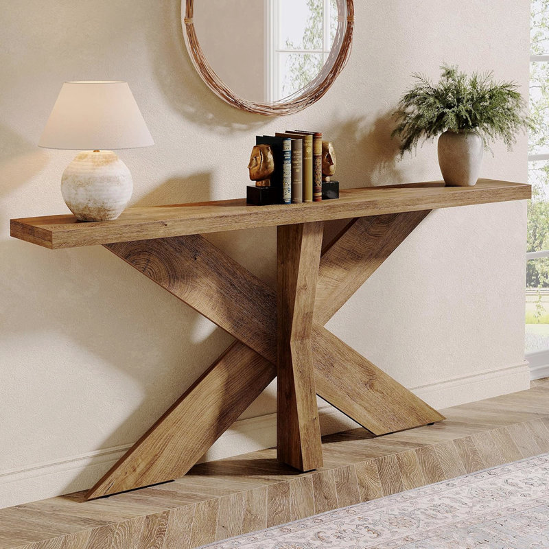 Console de style maison de campagne de 70,9 po de long, canapé derrière le canapé avec base géométrique en bois, table d'appoint pour hall d'entrée