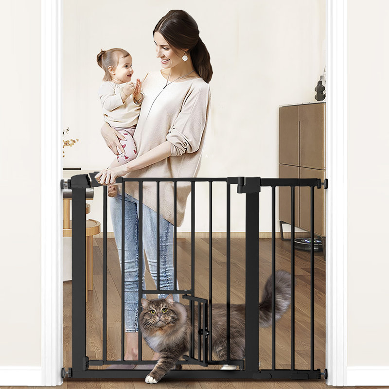 Auto Close Baby Safety Gate With Cat Door, 29.5"-40.5" Extra Wide Dog Gate, Pressure Mounted Easy Walk Thru Pet Gate, Black