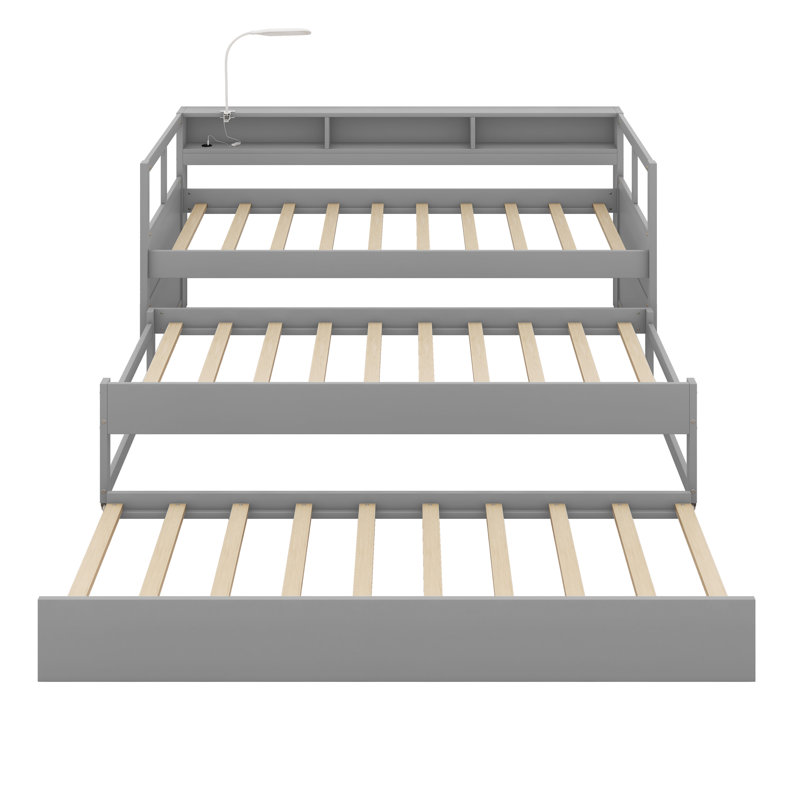 Priscyla Wood Daybed with 2 Trundles, 3 Storage Cubbies, Gray