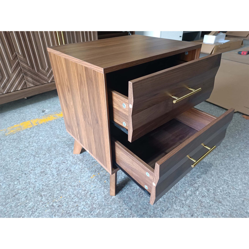 Table de chevet moderne de style médiéval avec tiroirs doubles et poignées en métal, unité simple