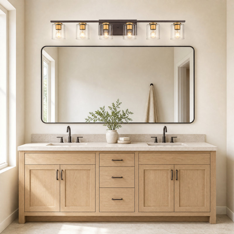Applique murale de style campagnard, 112 cm de large, à 6 lumières, avec abat-jour en verre transparent et fini bronze huilé.