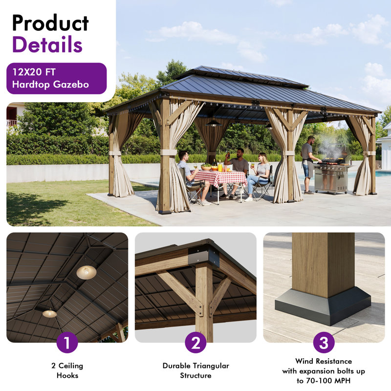 Classic 12 FTx 20 FT  Solid Wood Storage Gazebo With Double Iron Roof, Netting & Curtains, 12ft × 20ft