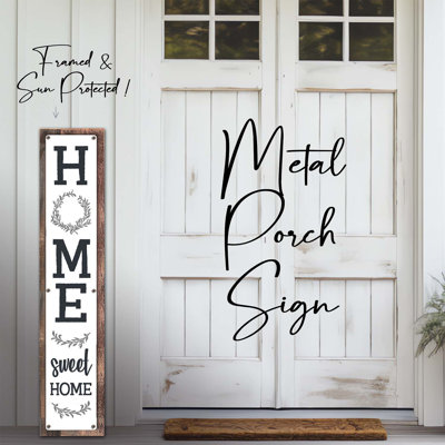 Home Sweet Home - Wreath - Framed Sun-Protected Metal Porch Sign, Vertical Welcome Sign