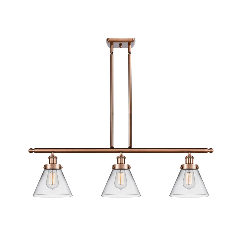 Luminaire suspendu linéaire à 3 lumières pour îlot de cuisine Arriaga, Transparent / clair, Cuivre antique