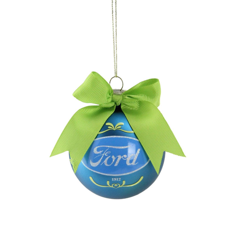Ornement de Noël 2,75 "bleu mat" Ford-1912 "avec boule de verre ruban vert