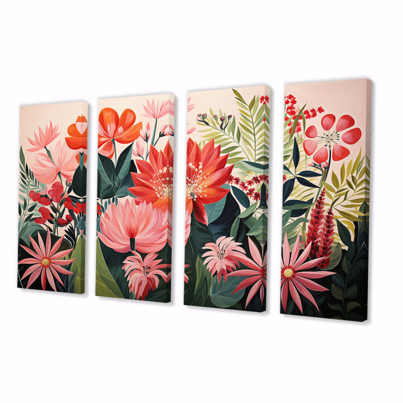 Ensemble de 4 impressions murales roses et tropicales à motif de jungle tropicale - fleurs pour le salon, H 28 po x l 48 po