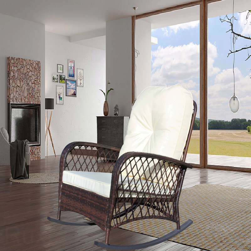 Outdoor Rocking Chair, PE Wicker With Wide Seat, Thick Soft Cushion, Steel Frame, High Weight Capacity, Dark Brown, White