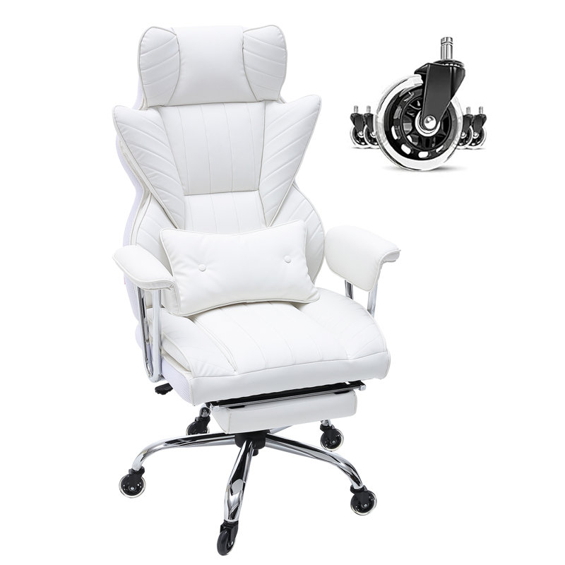 Reclining Office Chair With Footrest, Heavy Duty PU Leather Wide Office Chair, Big And Tall Executive Office Chairs With Lumbar Support, Strong Metal Base Quiet Wheels, White