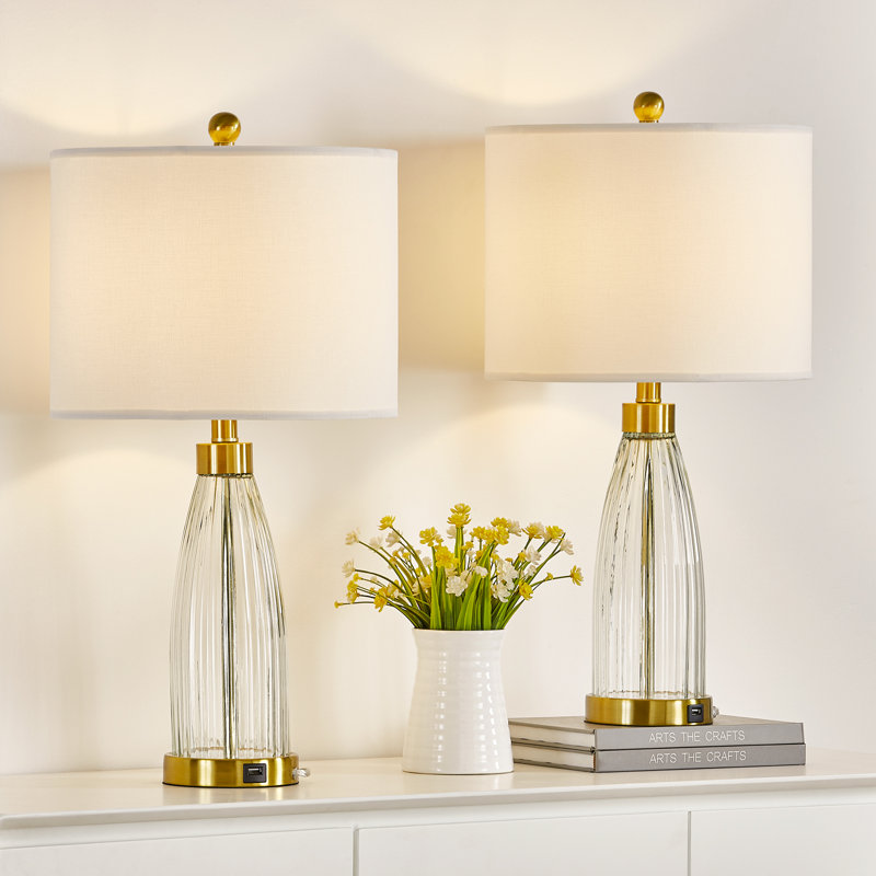 Gold and Glass 25'' Table Lamp Set with USB Ports