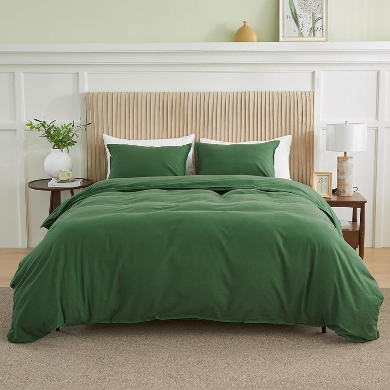 Ensemble de housse de couette en lin français 3 pièces avec fermeture à glissière cachée mélange de coton naturel, Vert