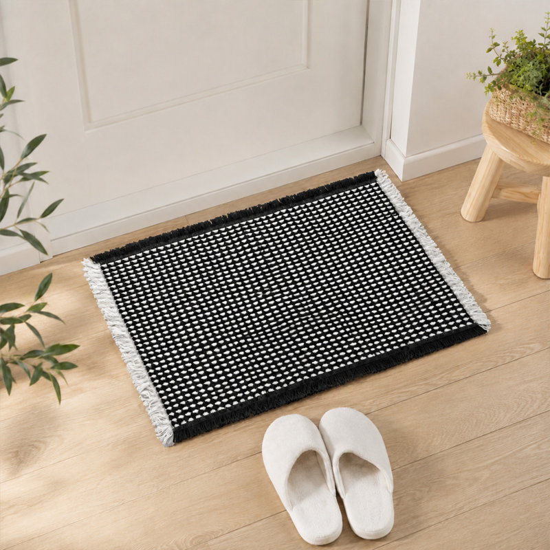 Ensemble de tapis de bain à franges gaufrées - 2 pièces, Black/White, 17" W x 24" L+20" W x 32" L