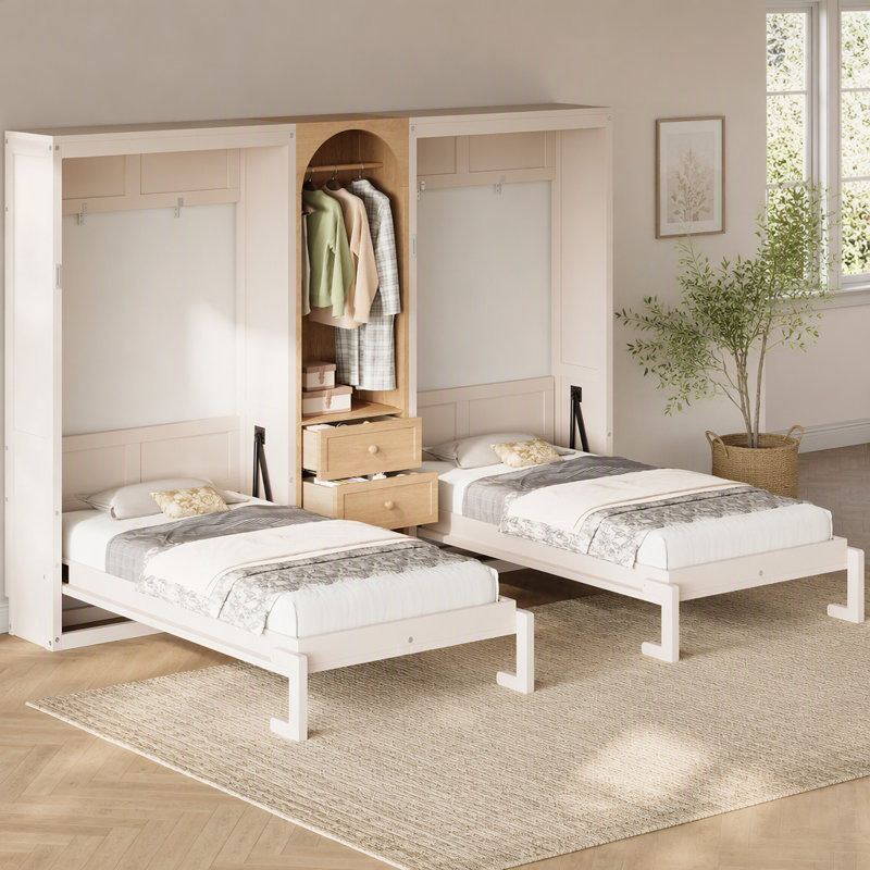 Lit escamotable double avec armoire, rangement et deux tiroirs