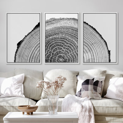"Noir et blanc", anneaux d'arbre en bois, art moderne sur toile neutre encadrée, 3 pièces