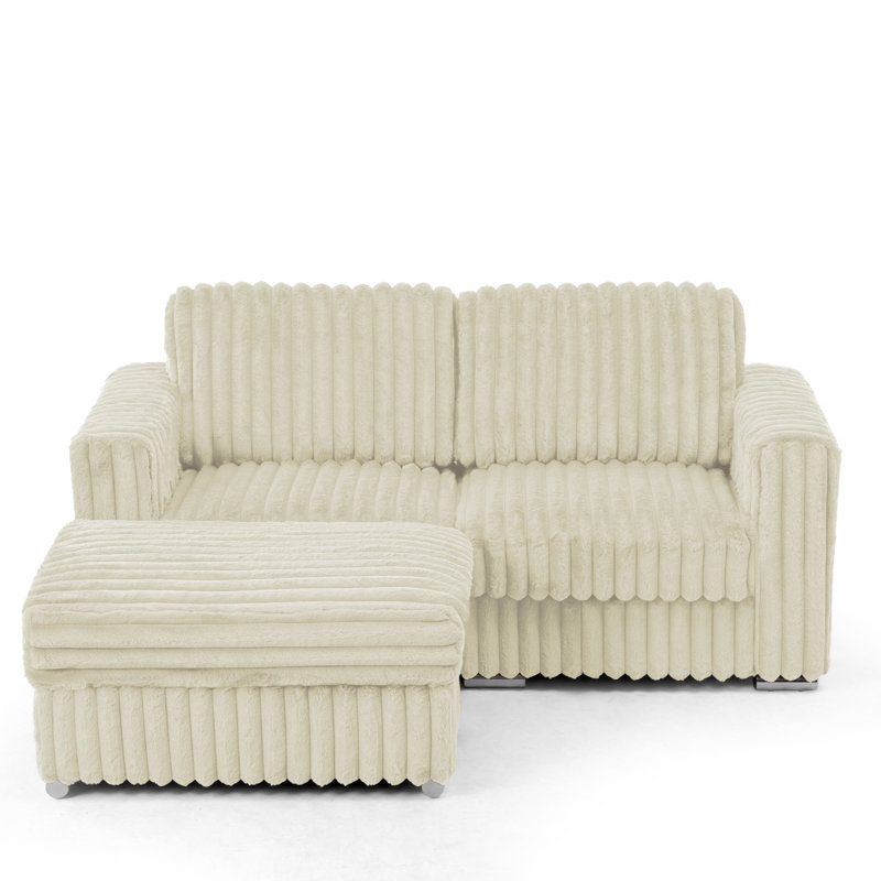 Corduroy Sectional L-Shape 2-Seats Sofa With Extra Flexible Ottoman, Beige Corduroy