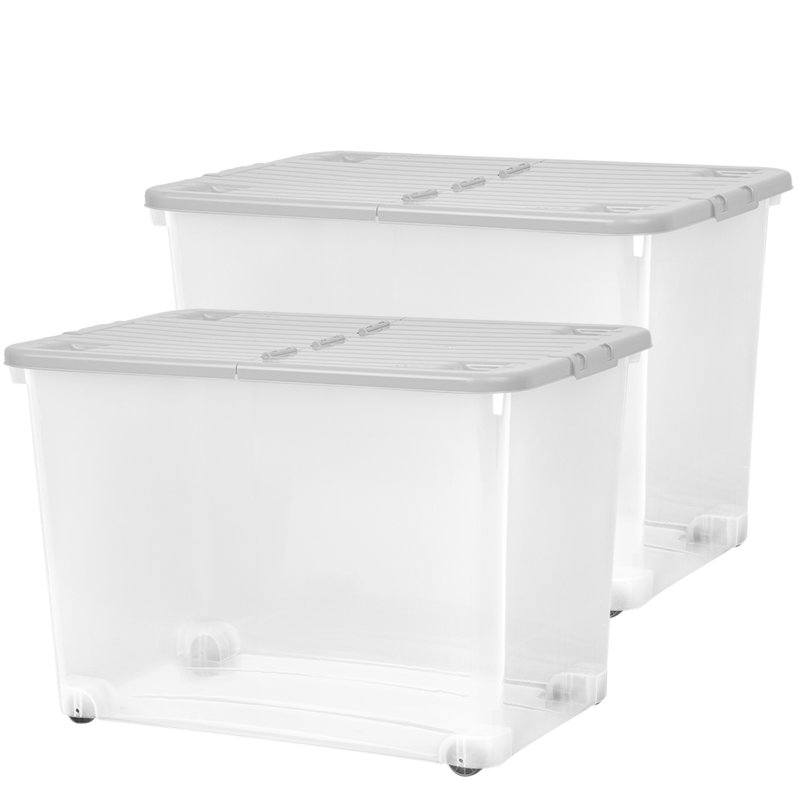 Wham 80L Plastic Storage Box with Wheels and Folding Lid Pack of 3 Clear/Cool Grey