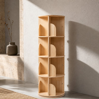 Bibliothèque ronde ronde à 4 tablettes, présentoir en bois pivotant sur 360 ° pour livres, décorations et jouets, finition naturelle