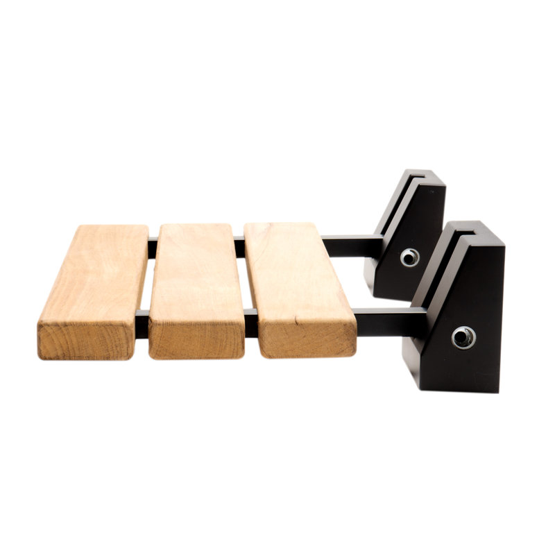 Foldable Teak and Black Matte Shower Seat with Square Hardware