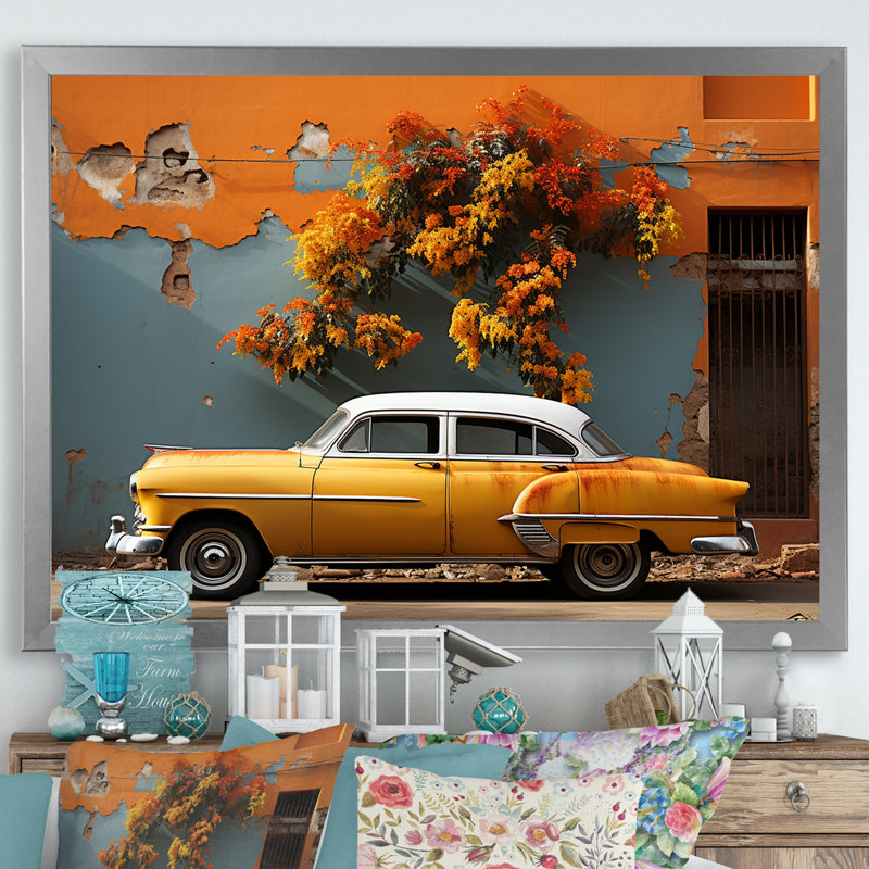 Voiture classique jaune Cuba, H 24 po x l 32 po x P 1 po, Cadre simple argenté