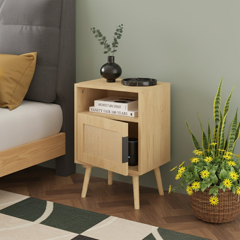 Table de chevet en rotin de style moderne - Rangement spacieux avec pieds en bois massif pour la chambre à coucher, le dortoir et les petits espaces - Chêne