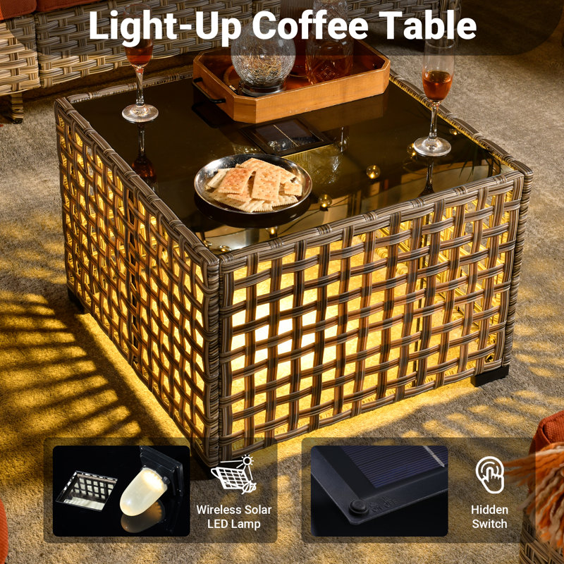 Emanuell Outdoor Lighted Coffee Table With Square Glass, Wicker Table