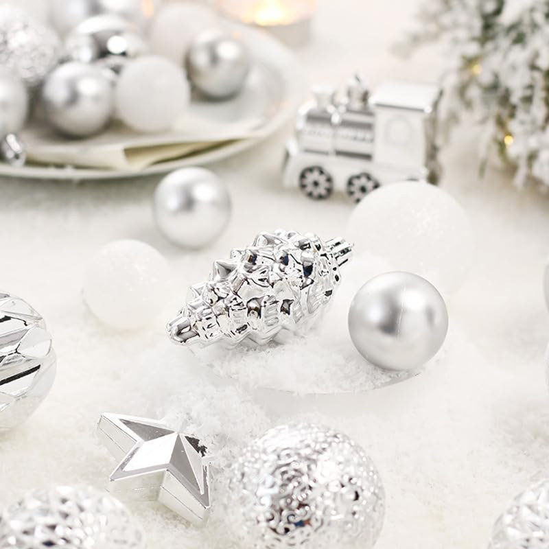 Ensemble d'ornement 65 pièces - Argent / Blanc / Or, incassable pour arbre ou couronne