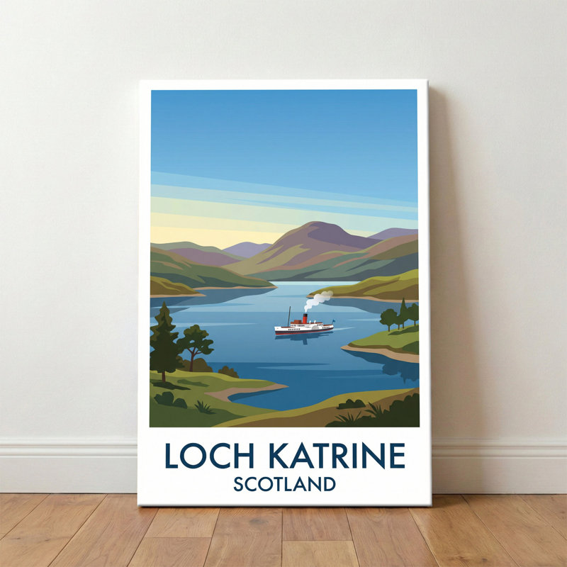 Loch Katrine, Scotland - Romantic Highlands Travel Poster with Steamship. Giclee Print on Wrapped Canvas. Wall Art, Home Decor - Natural Landmarks, Scotland 1 Piece Wrapped Canvas Wall Art