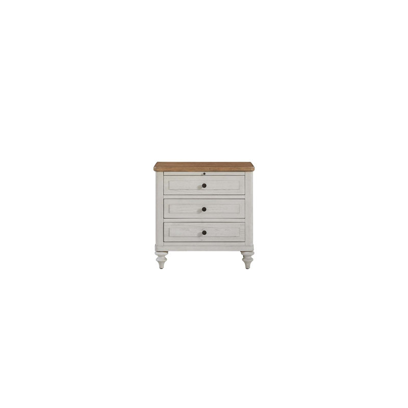 Table de chevet 3 tiroirs avec chargement USB, finition ciment et sable, rangement spacieux et commodité moderne pour le décor de la chambre à coucher.