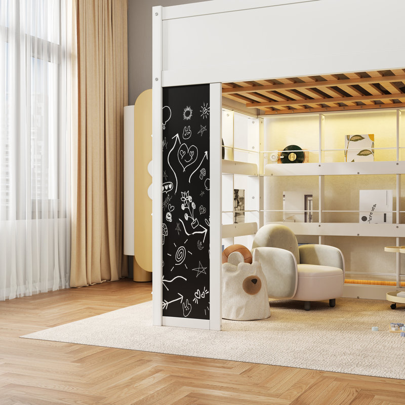 Lit mezzanine en bois, format queen, avec éclairage DEL, panneau tableau noir et étagères à livres, blanc, Grand lit, Blanc