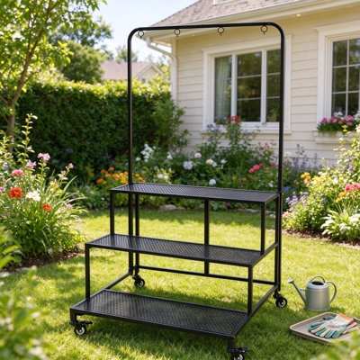 3 Tiered Plant Stand with Wheels, Foldable Metal Plant Shelf for Outdoor Indoor, Rolling Ladder Plant Rack for Balcony Patio Garden Living Room