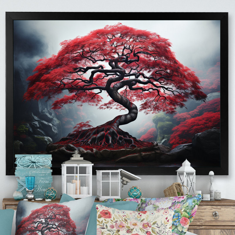 Red Japanese Maple On Canvas Print, 30" H x 40" W x 1.5" D, Black Single Picture Framed