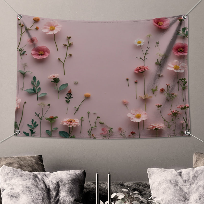 Tapisserie murale arrangement de fleurs sauvages roses - Décoration murale fleurs sauvages, 68in H x80in W with 4 Grommets