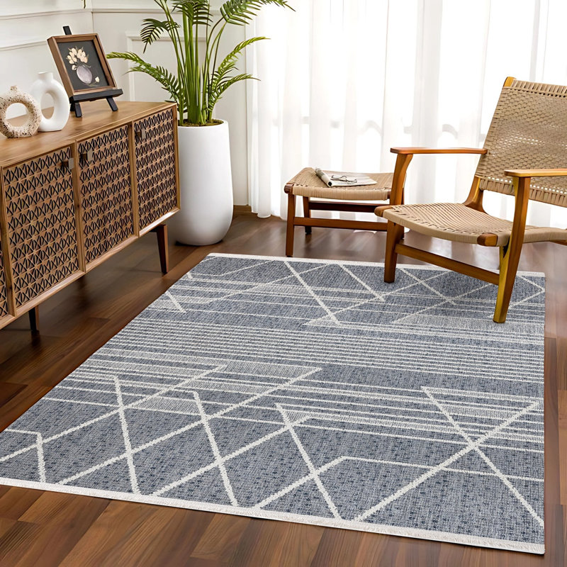 Tapis bleu antidérapant tissé à motif géométrique bleu