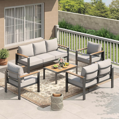 7-Seat Aluminum Patio Furniture Set – 5-Piece Outdoor Sectional Sofa with 4" Armrests, 5" Thick Cushions & Coffee Table – Perfect for Backyard