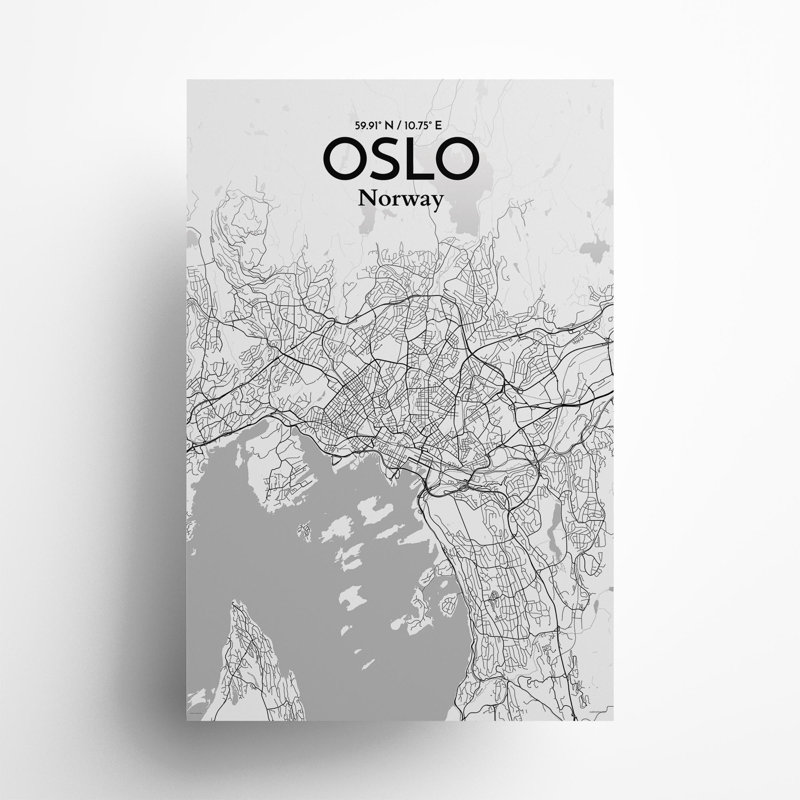 Oslo, carte de la ville, impression, Gris / blanc, H 36 po x l 24 po
