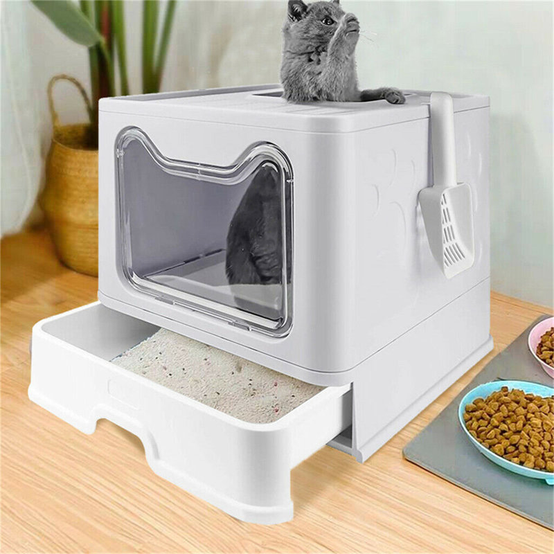 Foldable Plastic Cat Litter Box Top Entry Type Anti-Splashing With Lid/ Scoop, Grey
