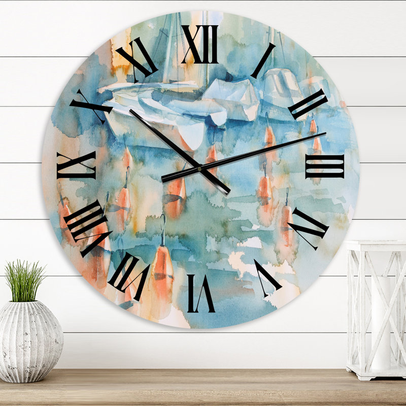 Bateaux et bouées à Blue Pastel Harbor - Horloge murale traditionnelle, Petit