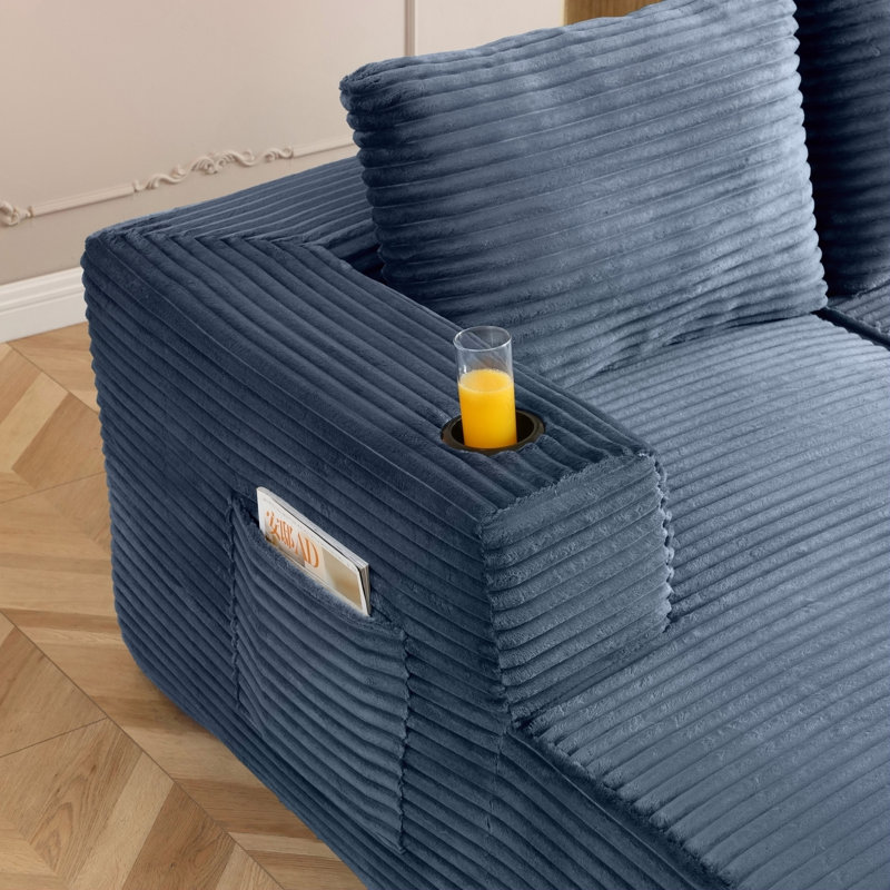 Grand canapé modulaire en forme de U sans dossier de 132 po avec méridienne, siège modulaire en U en velours côtelé de 132 po avec siège profond, canapé confortable avec porte-gobelets et poche latérale, sans assemblage requis - bleu