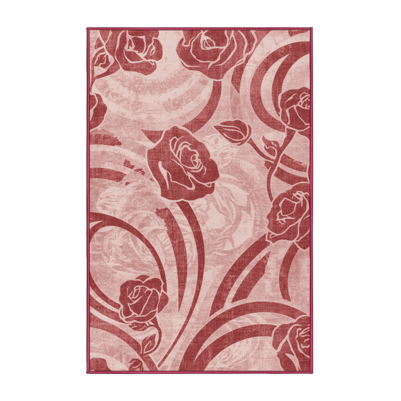 Soft Plush Faye Valentines Modern & Contemporary Abstract Area Rug in Red – Rose Binding, 8x12